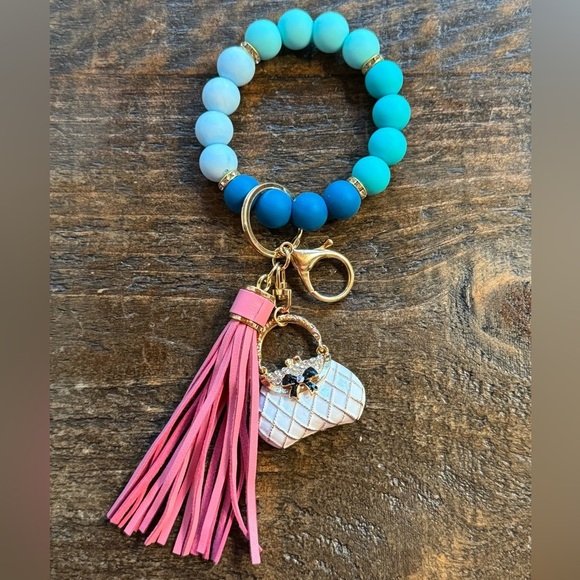 Silicone Bead Bag Charm Bracelet Keychain Pink Faux Leather Tassel - Picture 1 of 1
